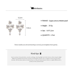 Detailed size chart of flower drop earrings with zircon and pearls showing 9.9x5.2cm dimensions