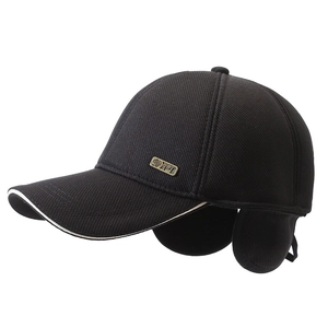 Winter men's corduroy baseball cap with ear flaps and warm fleece lining in black