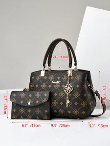 Detail of vintage floral print leather handbag set with metal logo and size dimensions