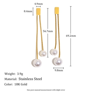18K gold plated stainless steel long tassel earrings with white pearls and dimensions