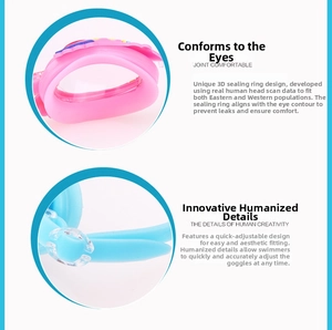 Detail view of pink and blue swimming goggles featuring 3D seal design and adjustable straps