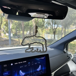 Hollow polar bear wooden pendant for car mirror with natural wood beads and brown cord