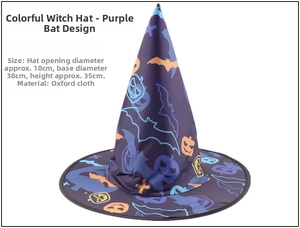 Detail view of purple Halloween witch hat with pumpkin prints and dimensions 38x35cm