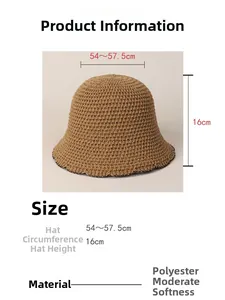 Size guide for woven bucket hat showing 16cm height and 54-57.5cm circumference measurements