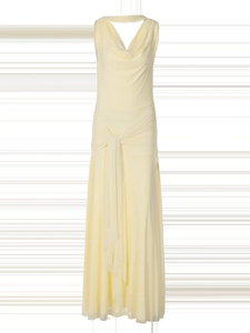 Detail of cowl neck design and layered pleated waist on light yellow evening dress