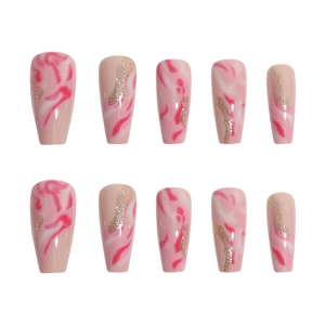Pink marble coffin press-on nails with rose red smudge and sparkling gold glitter finish