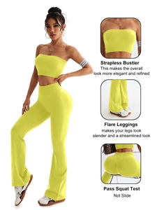 Detail view of fluorescent yellow high-waisted flare leggings and seamless sports bustier set