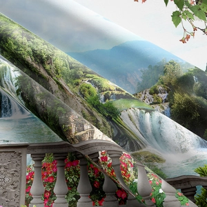 Detailed texture of polyester landscape tapestry with waterfall and floral printing