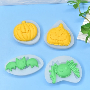 Halloween silicone molds set featuring pumpkin, bat and spider shapes for DIY baking