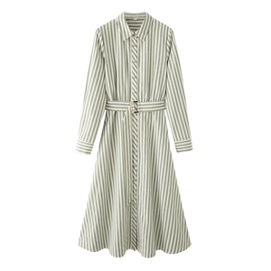 Abito Chemisier da Donna a Righe Verdi e Bianche Manica Lunga Bavero Midi a Linea Con Cintura Elegante Pendolare Moda Quotidiana