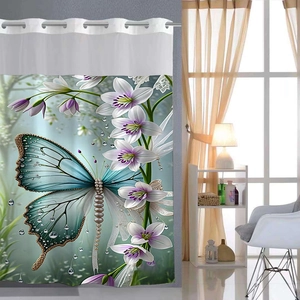 Waterproof double layer shower curtain with 3D green butterfly and white lily print