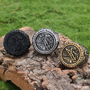 Vintage Archangel St. Michael embossed rings in silver, black and gold steel finishes