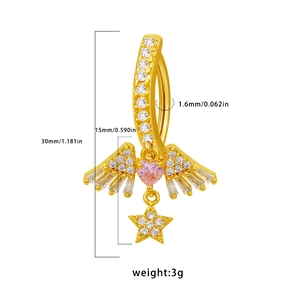Detailed size specifications for gold navel ring with pink heart diamond and star charm