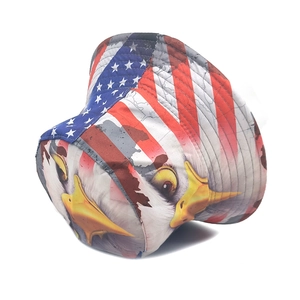 Detail of durable twill cotton bucket hat with eagle and American flag print patterns