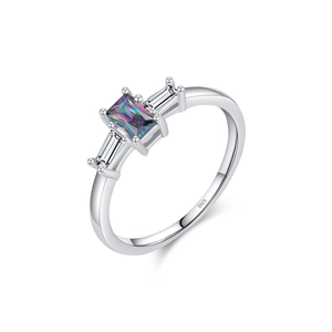 S925 sterling silver ring featuring a rectangular iridescent crystal with side stones