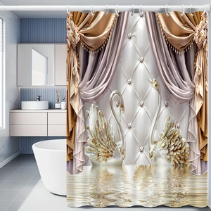 Luxury 3D golden swan shower curtain made of waterproof polyester fabric for bathroom