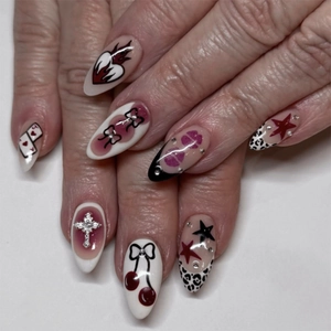 Almond Press On Nails Y2K Sweet Cool Style With Bowknot Leopard Print Cherry And 3D Cross Rhinestone False Nails