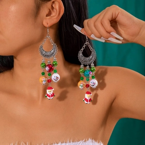 Christmas Santa Claus Snowman Beaded Tassel Earrings Festive Holiday Party Alloy Jewelry For Women With Earring Post