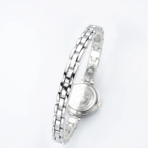 Back view of silver stainless steel quartz watch showing metal link band and round case back