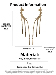 Detail showing dimensions of leaf tassel earrings with sparkling zircons and rhinestones