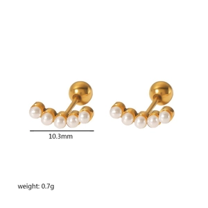 Detail showing 10.3mm wide curved 5-pearl stud earring with gold finish and 0.7g weight
