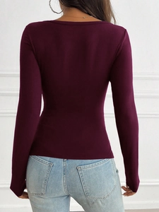 Y2K style long sleeve burgundy slim fit top for women shown from a back perspective