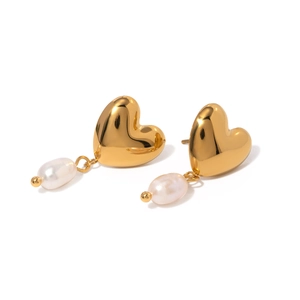 Boucles d'oreilles cœur en acier inoxydable doré 18k avec perles d'eau douce