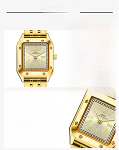 Detail of vintage square gold watch with Roman numerals and decorative bezel screws