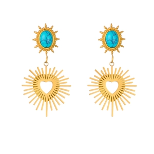 Vintage gold sunburst heart earrings with turquoise stone in an irregular oval design