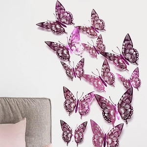 Close-up of 12 purple 3D hollow butterfly wall stickers with metallic pearlescent finish