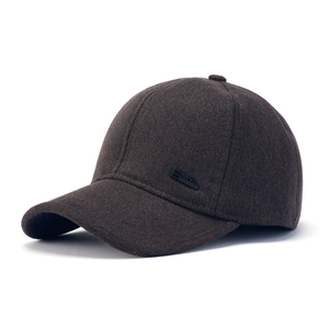 Winter thermal baseball cap for elderly men in dark brown wool fabric with ear protection