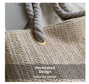 Macro detail of beige woven straw bag featuring cotton rope handle and metal eyelet
