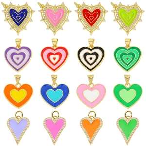 Colorful enamel heart pendants with zircon inlay in gold-plated copper for DIY jewelry
