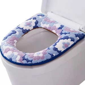 Thick plush toilet seat cover with blue floral pattern and zipper for bathroom