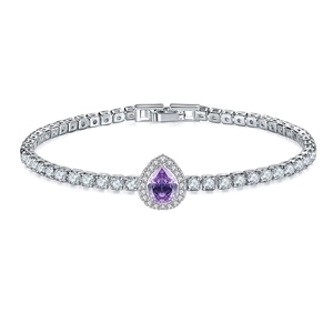 Detail shot of pear-shaped purple gemstone tennis bracelet with silver-tone cubic zirconia