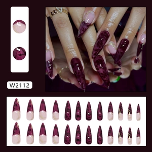 Dark vine cat eye press-on nails with wine red floral design in stiletto shape