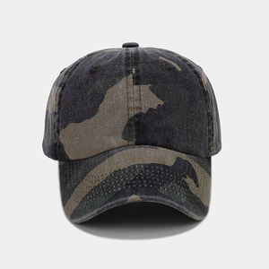 Detailed macro view of vintage camouflage pattern and cotton texture on a baseball cap