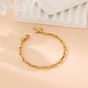 Stainless Steel Paperclip Chain Bracelet With Cross Heart Coin Pendants Vintage Gold Jewelry For Women Men
