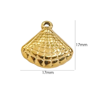 Detailed view of a 17mm gold shell-shaped stainless steel pendant with textured grid finish