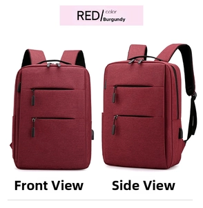 Detail view of the wine red laptop backpack with USB port and dual front zippers