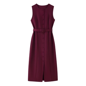 Front view of sleeveless wine red midi dress with single-breasted buttons and waist belt