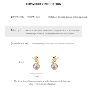Detailed size and material info for 18k gold plated zircon pearl earrings, 1.6cm by 0.8cm