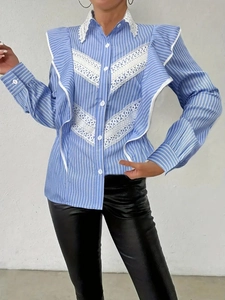 Blue and white striped long sleeve shirt with lace patchwork and ruffle collar detail