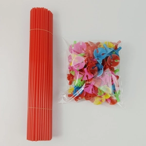 Detail view of red plastic balloon sticks and colorful cup connectors in a bundle