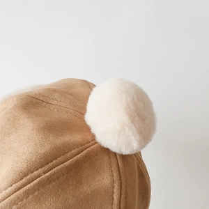 Winter faux suede beanie for kids with soft plush pompom and warm thermal lining