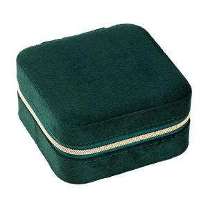Dark green velvet jewelry organizer box with gold zipper for rings and necklaces