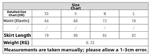 Detailed size chart for layered midi skirt showing waist and length measurements in cm