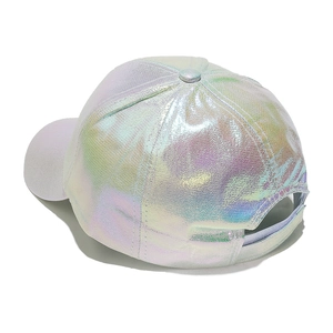 Holographic PU leather baseball cap showing multi-color metallic texture and back strap