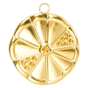 Macro shot of 18k gold plated stainless steel lemon slice pendant with high polished finish