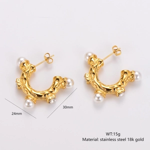 Detailed specs of C-shaped gold stainless steel earrings with pearls and zircons
